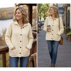 INIS CRAFTS Wom Small Chunky‎ Wool Cable Knit Button Front Cardigan Sweater